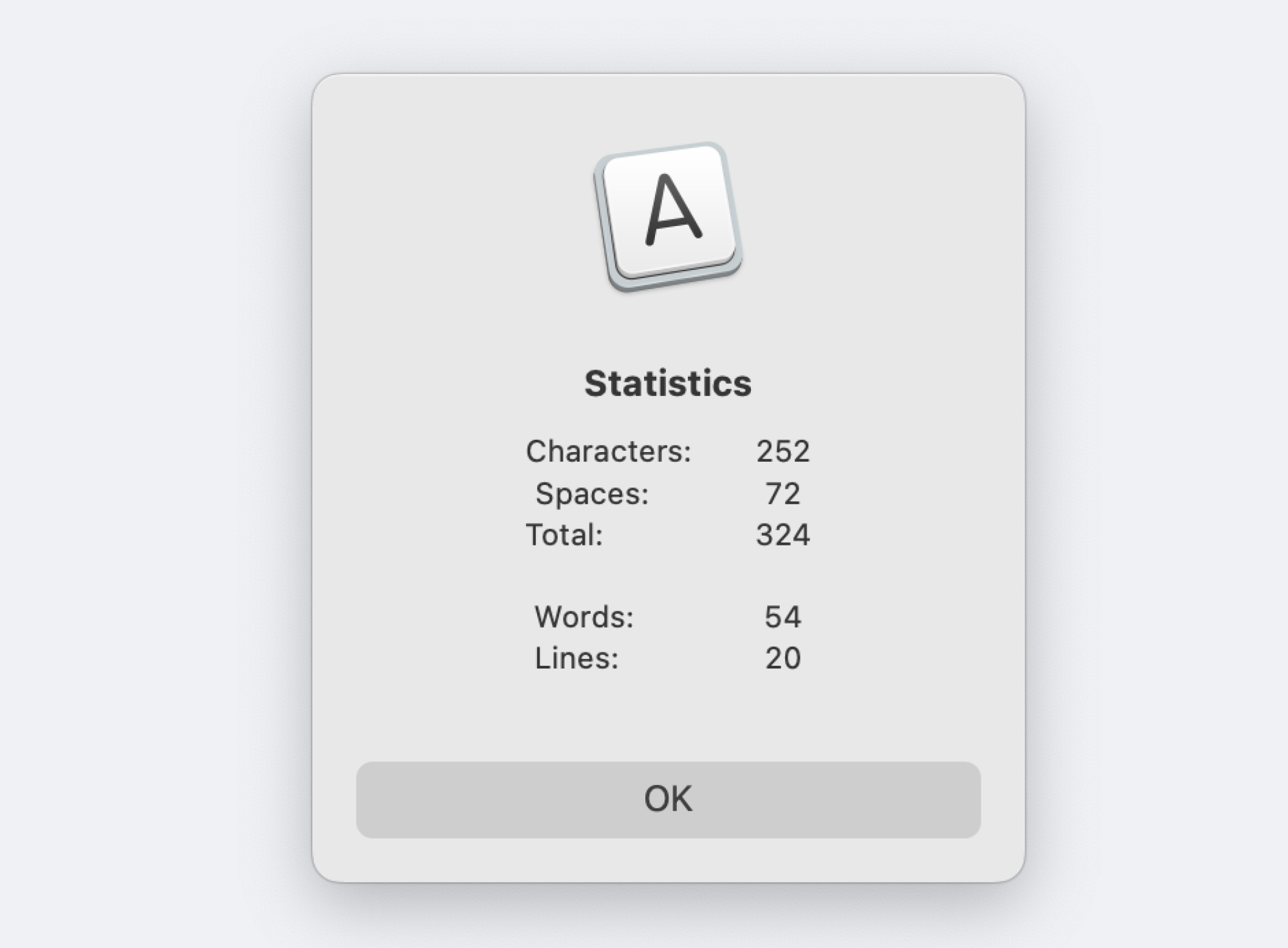 A simple pop-up window with statistics about the currently highlighted text. There are 252 characters and 72 spaces for a total of 324. There are 54 words and 20 lines. 