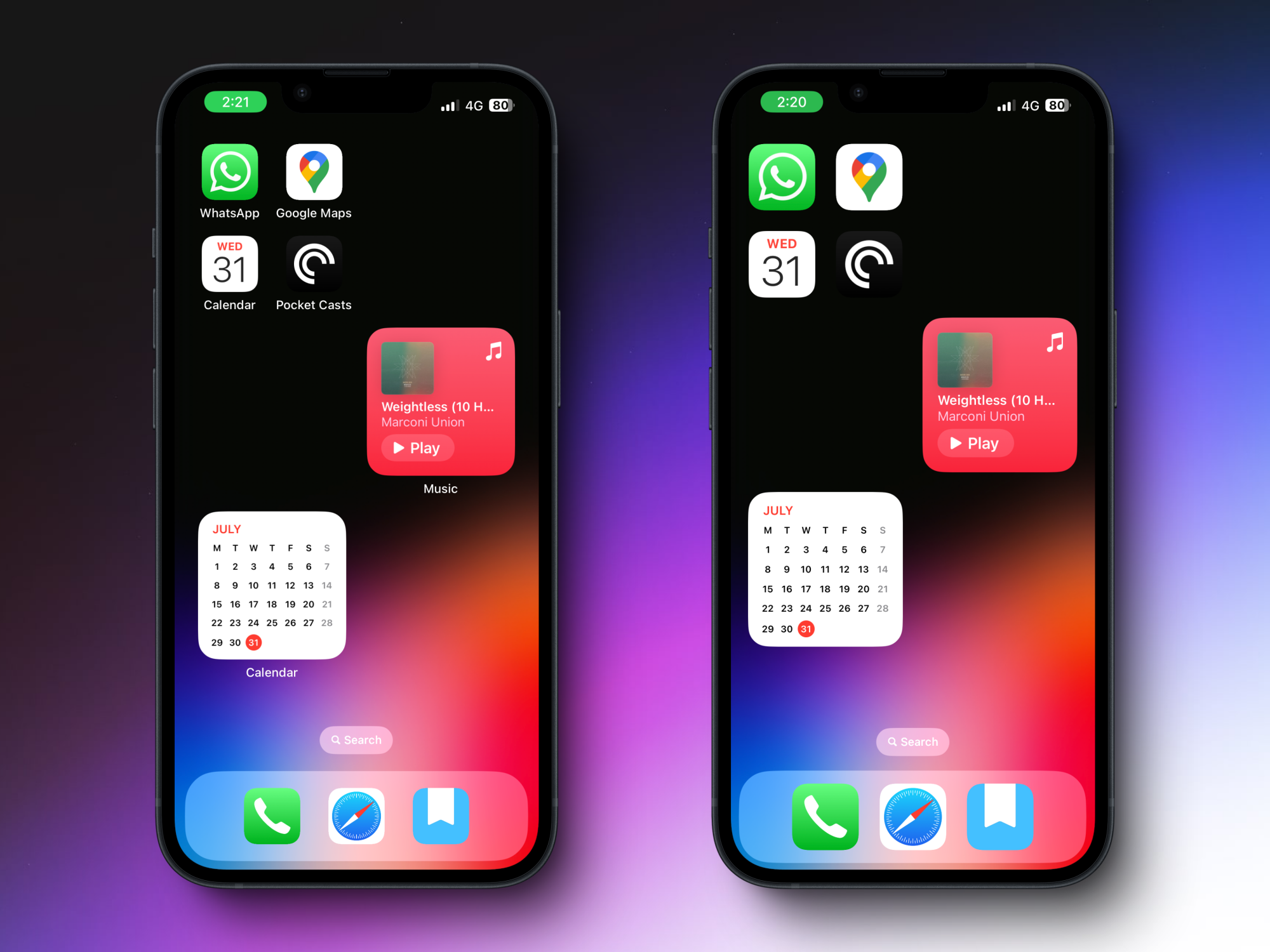 iPhone Home Screen with and without text labels.