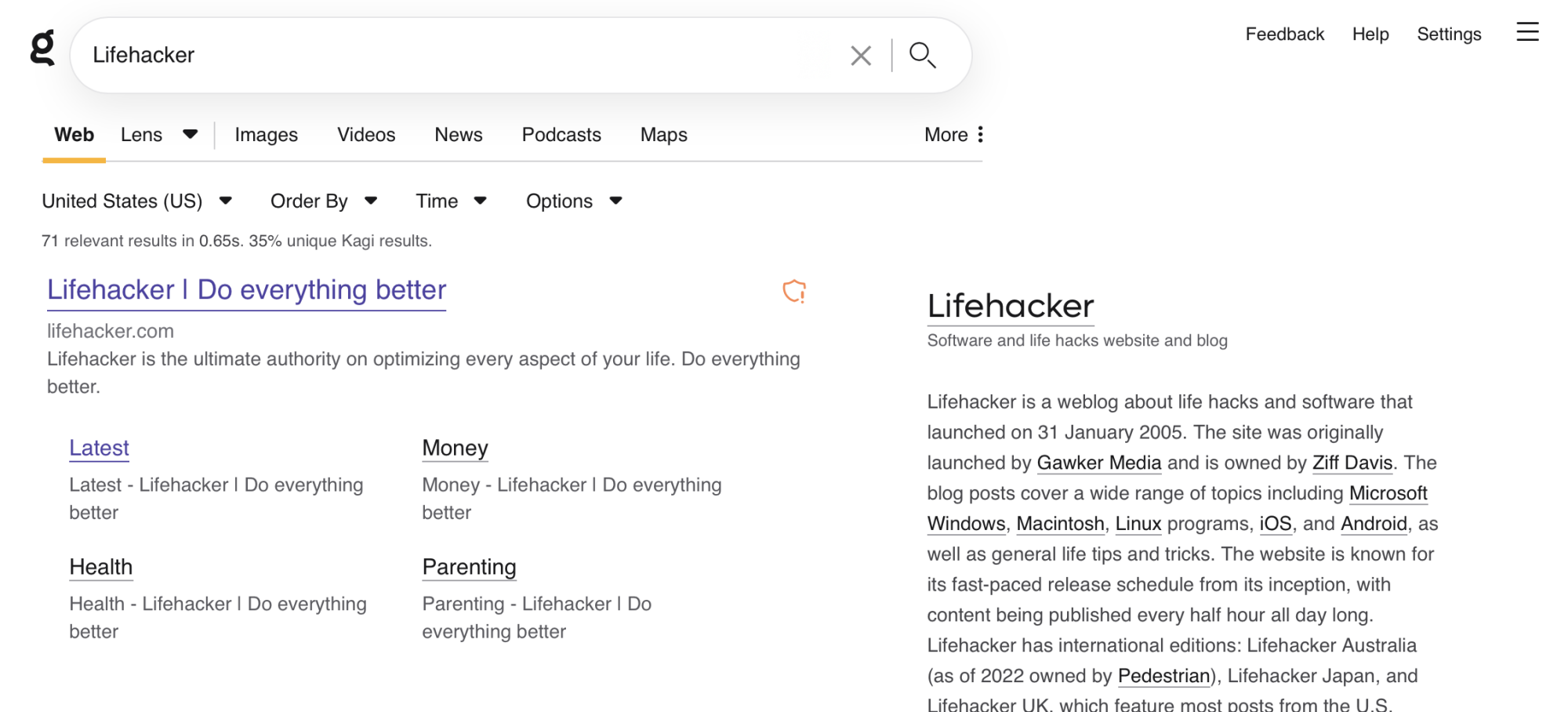 A Kagi search for the word Lifehacker