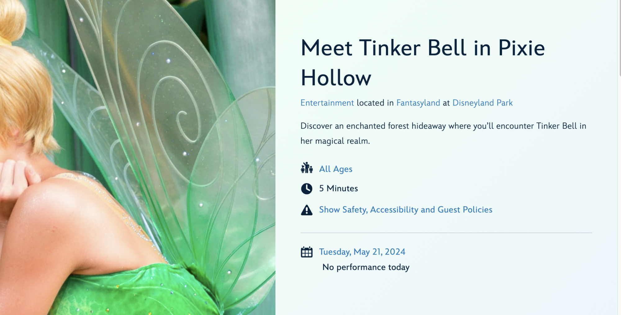 Tinkerbell's schedule at Disneyland