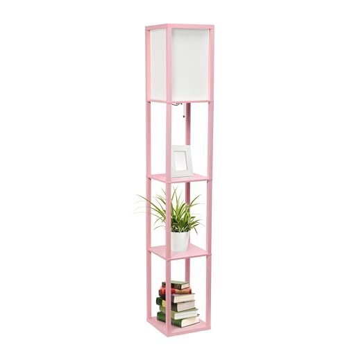 Simple Designs LF1014-LPK Etagere Organizer Storage Shelf Linen Shade Floor Lamp, Light Pink