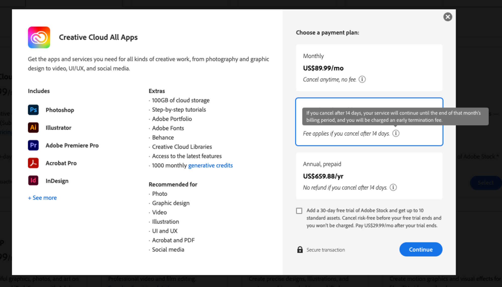 A screenshot of Adobe's pricing for its default plan