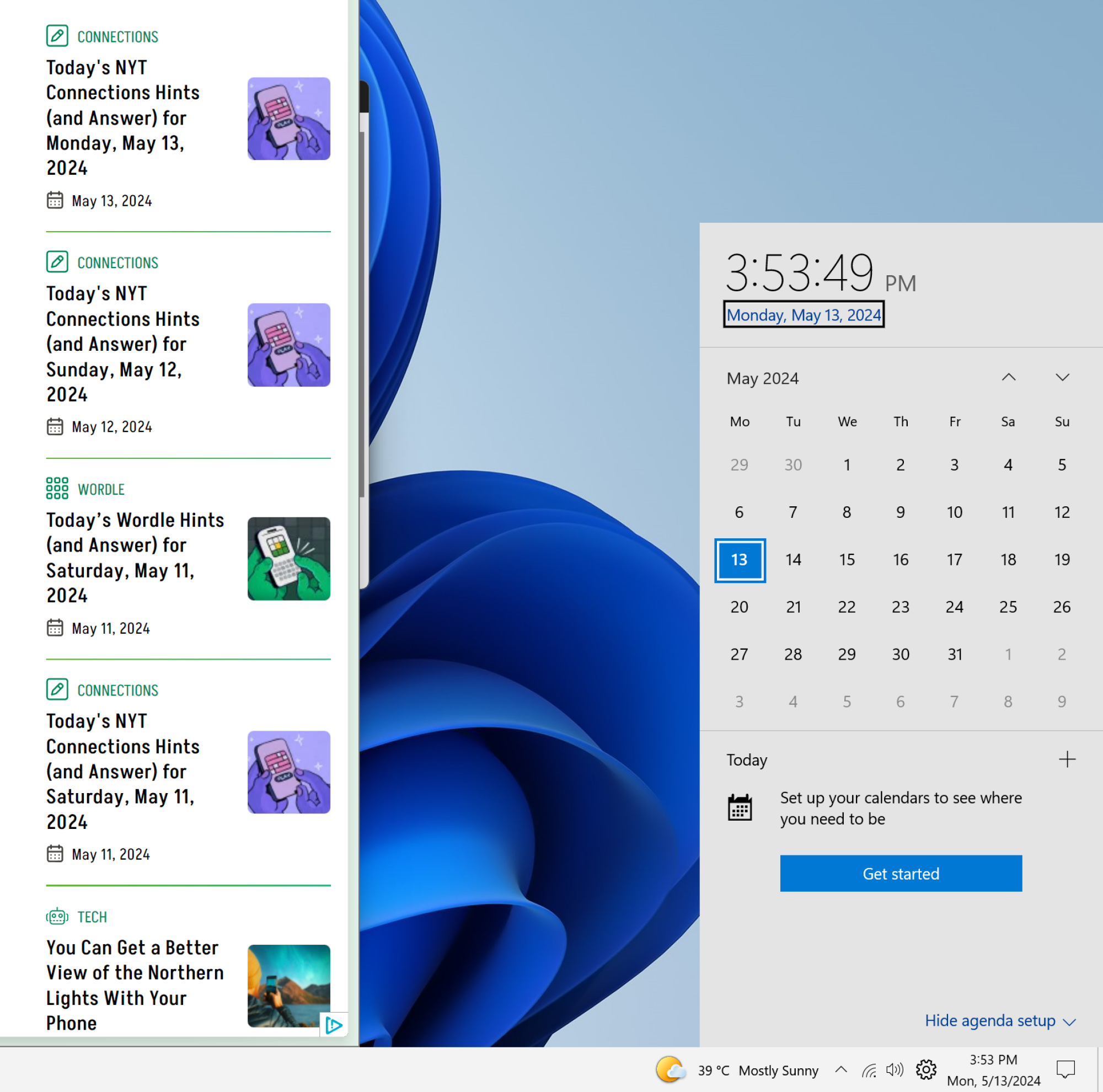 Window 10 style calendar, and weather widget in Windows 11