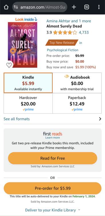 Screenshot of Amazon page on phone from the web browser showing the read for free button.