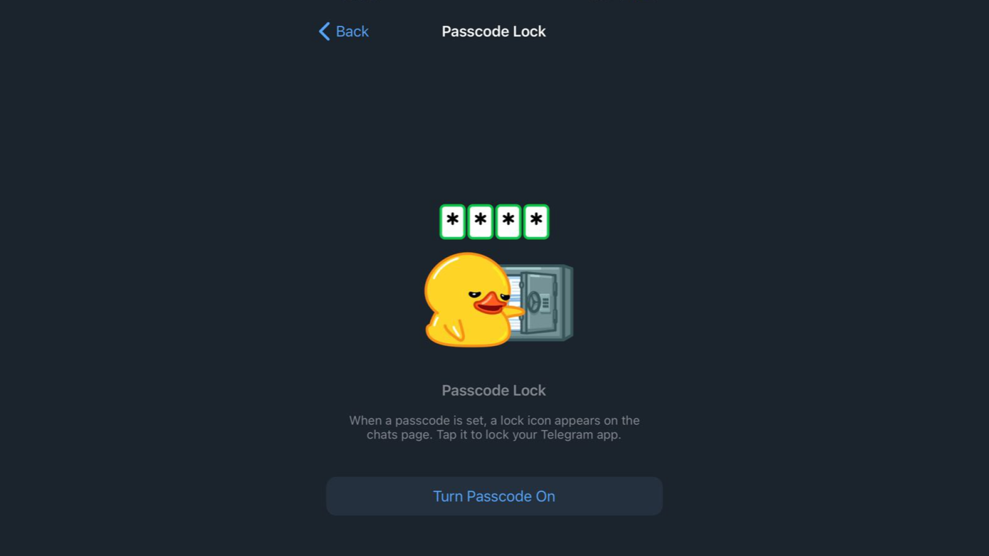 A screenshot of the passcode lock setup page for Telegram.