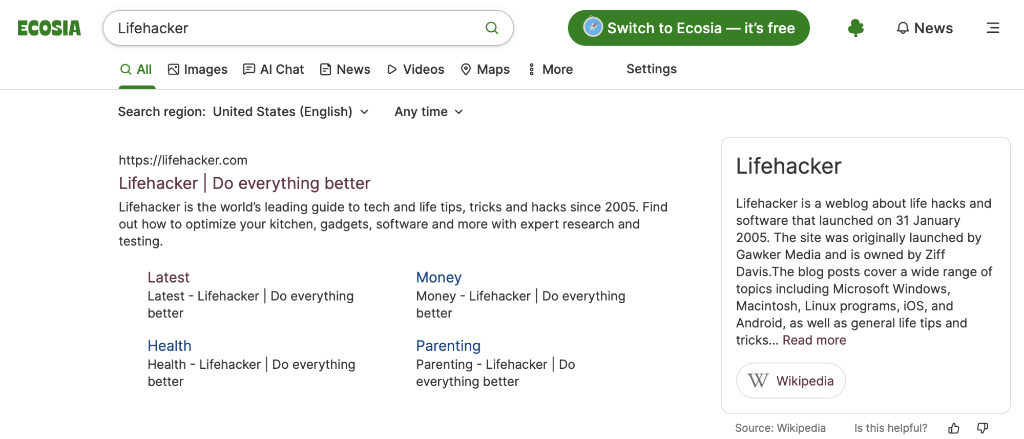 An Ecosia search for the word Lifehacker