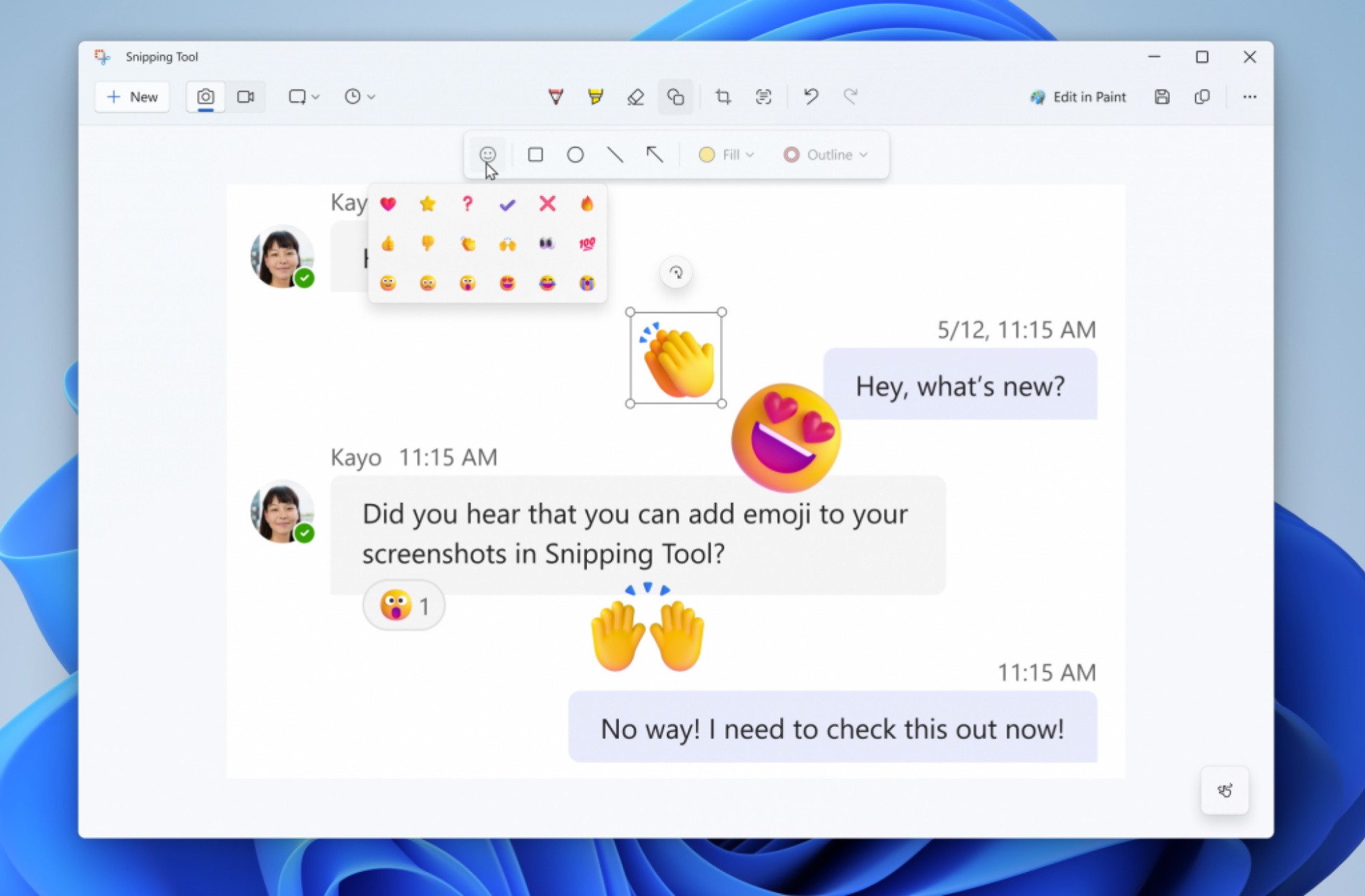 A screenshot of Windows 11's Snipping Tool and its emoji annotation feature.