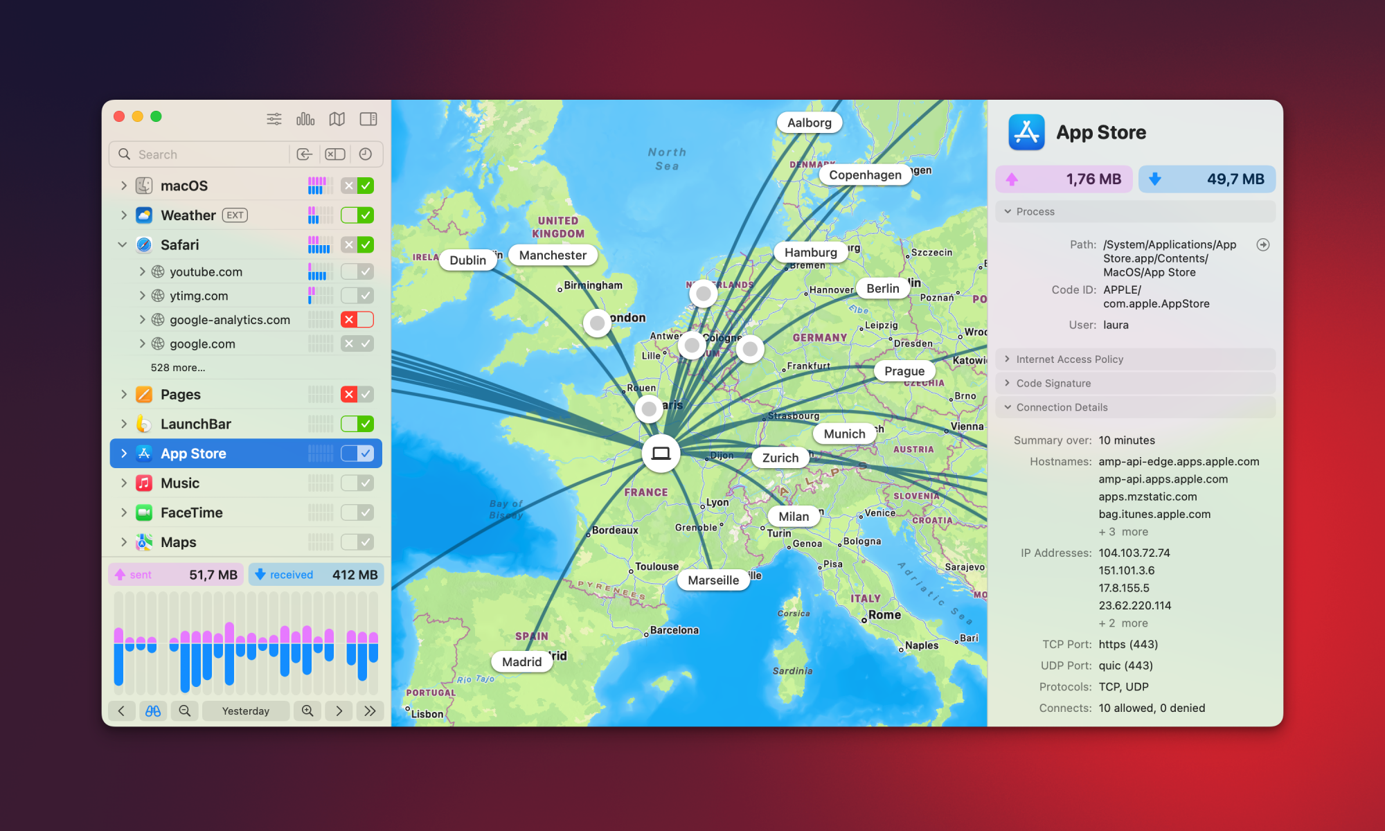 The Little Snitch app showing connections made to various servers using a map view.