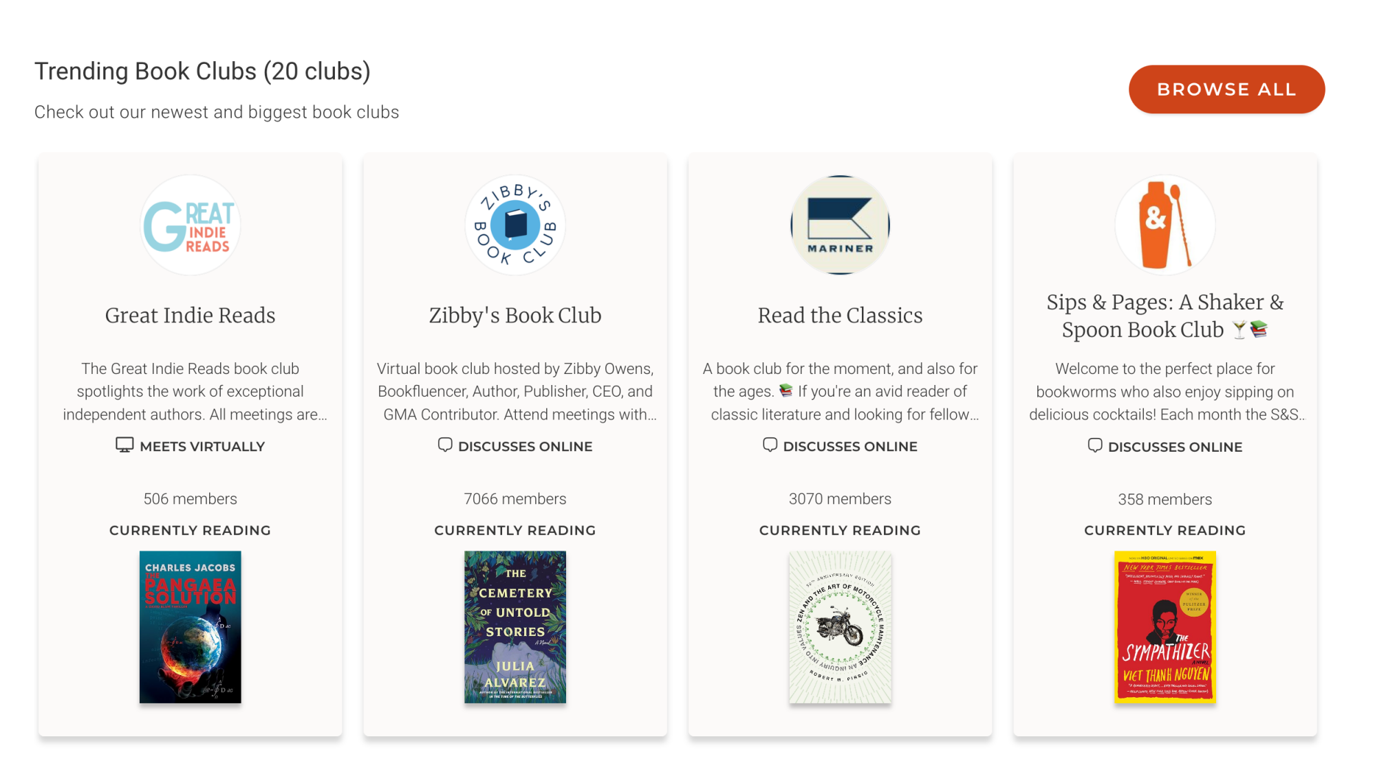 Book club options on the Bookclubs.com website.