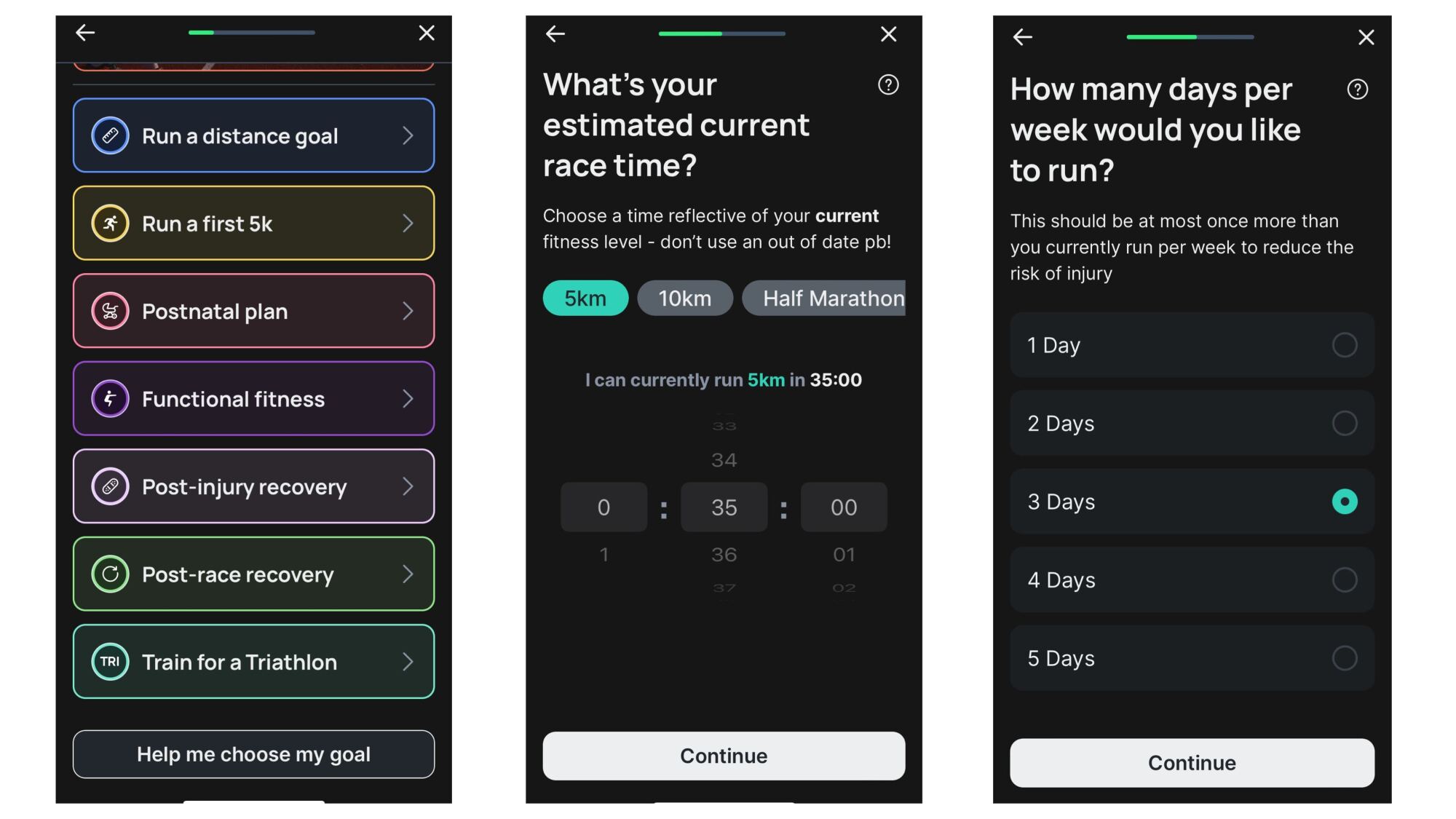 setup screens for choosing a plan