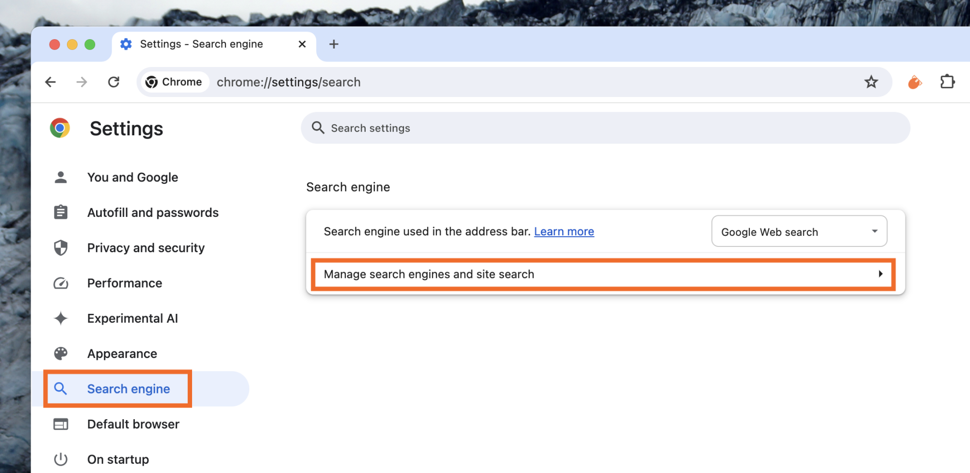 The Chrome settings Window. The Search engine tab is open; the Manage search engines and site search is highlighted in the screenshot.