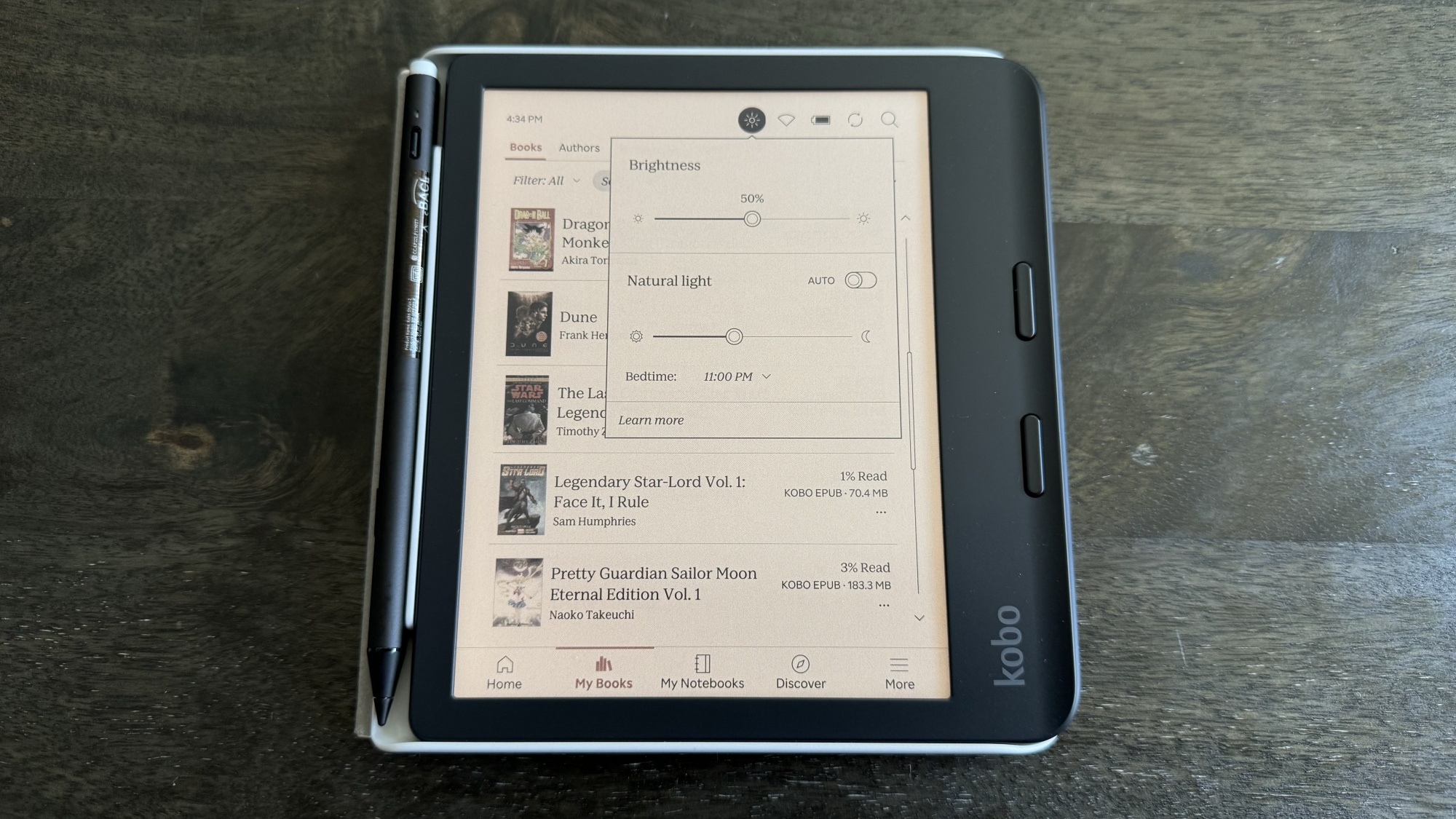 The Kobo Libra Colour with its front light at 50 percent