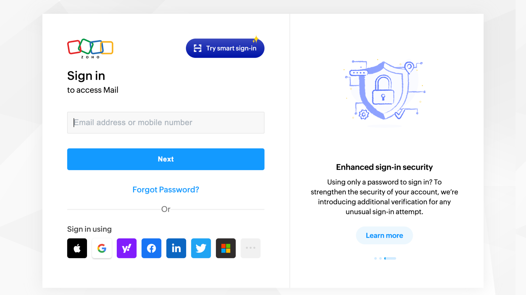 Screenshot of Zoho Mail's login screen