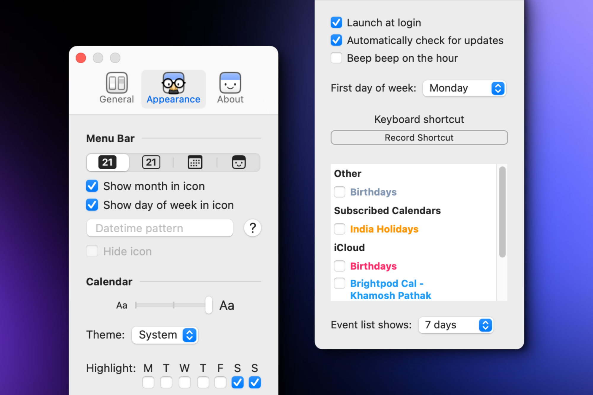 Itsycal Settings pages