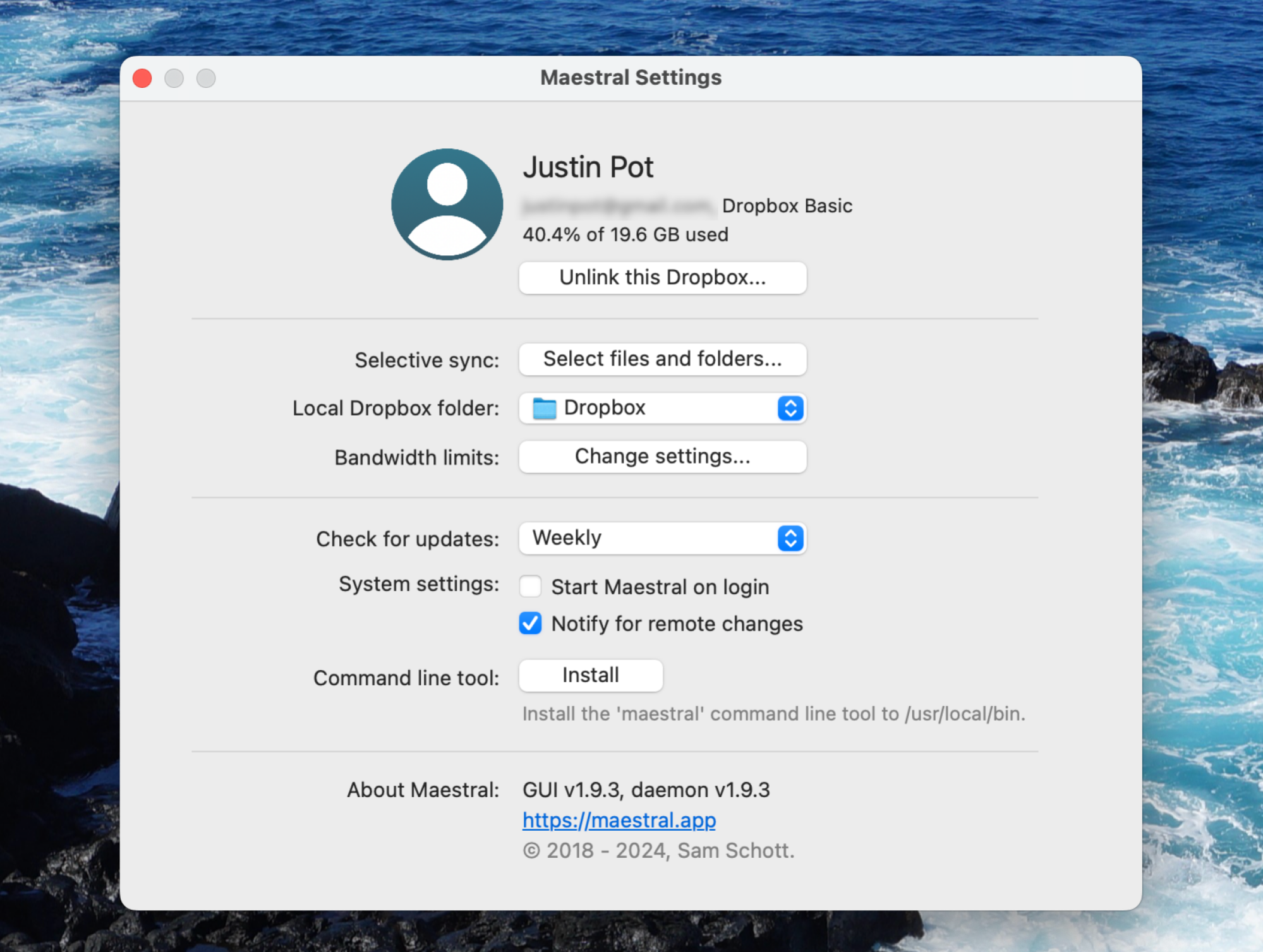 The settings for Maestral.