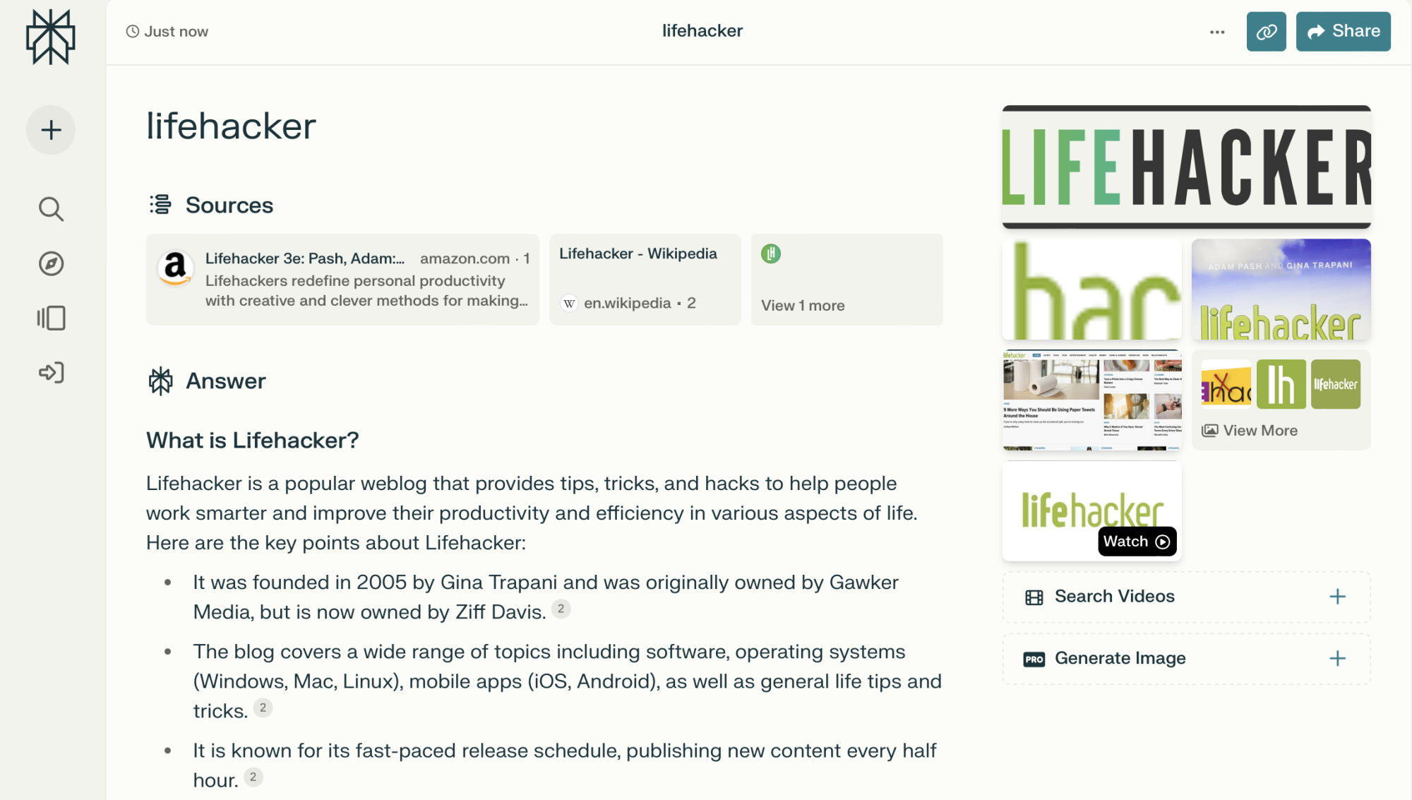 A Perplexity search for the word Lifehacker