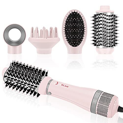 Hair Dryer Brush Set, IG INGLAM 4 in 1 Blowout Brush, Negative Ion Detachable Hair Dryer & Styler Volumizer Hot Air Hair Dryer Brush with 2 Styling Brush Heads, Pink