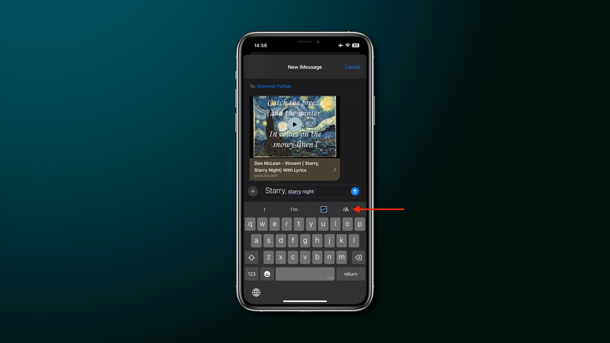 A screenshot of the button to access text effects in iOS 18's Messages app.