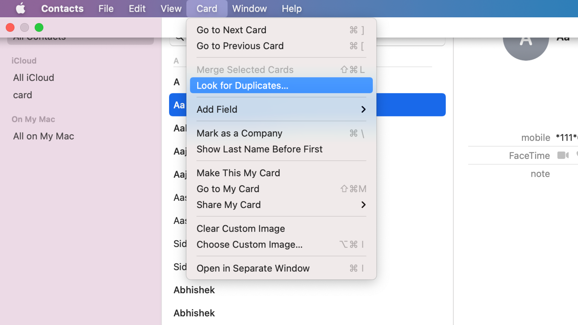 The “Look for Duplicates” option in the Contacts app for Mac.