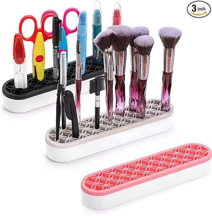 Elsjoy 3 Pack Silicone Makeup Brush Holder, Desktop Cosmetic Organizer Pen Holder