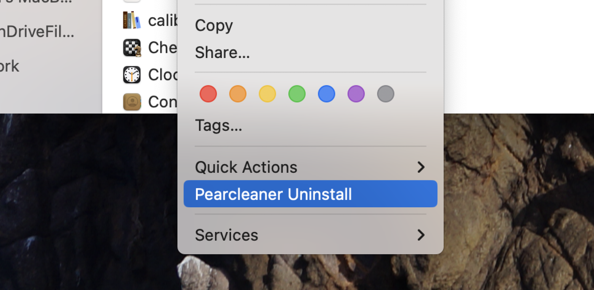 A right-click Finder menu showing Pearcleaner Uninstall as an option.