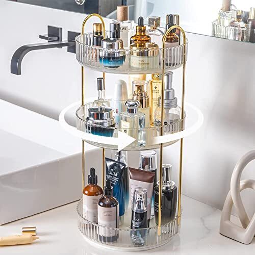 shuang qing Rotating Makeup Organizer for Vanity 3 Tier, High-Capacity Skincare Clear Make Up Storage Perfume Organizers Cosmetic Dresser Organizer Countertop 360 Spinning （Clear）