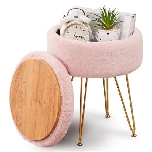 Cplxroc Ottomans Round Faux Fur Ottoman with Storage Footstools Vanity Chair Coffee Table Ottoman for Living Room (Pink)