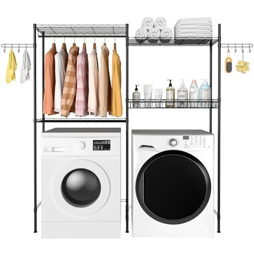 Homezelle Clothes Drying Rack, Over The Washer and Dryer Laundry Room Organization Storage Shelf, Bathroom Towel Rack Space Saver with Adjustable Shelves, Wire Basket, and Rotatable Hooks