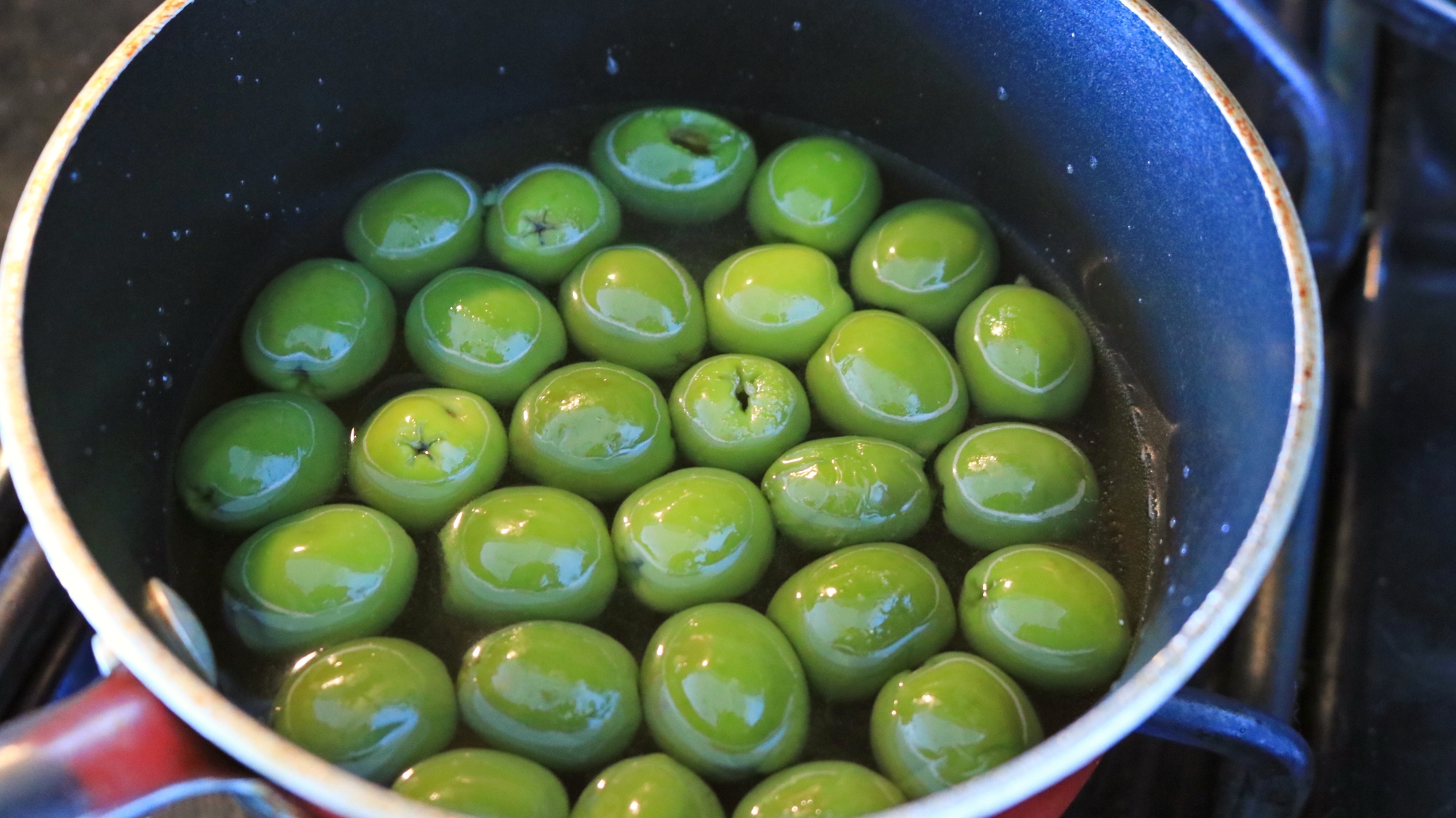 Olives floating in a pot of water