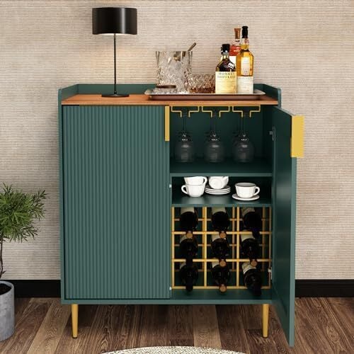 ARTPOWER Coffee Bar Cabinet with Wine Racks, Green Liquor Cabinet with Fluted Texture, Modern Sideboard Buffet Cabinet for Kitchen Dining Room, Living Room